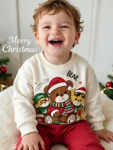 Baby Boy Crew Neck Casual Pullover Sweatshirt, Classic Christmas Pattern Print, Christmas Three Cute Bears Pattern Print, Christmas Gift Pattern Print, Suitable For Christmas - Multicolor - View 2