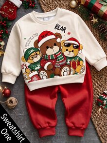 Baby Boy Crew Neck Casual Pullover Sweatshirt, Classic Christmas Pattern Print, Christmas Three Cute Bears Pattern Print, Christmas Gift Pattern Print, Suitable For Christmas - Multicolor - View 1
