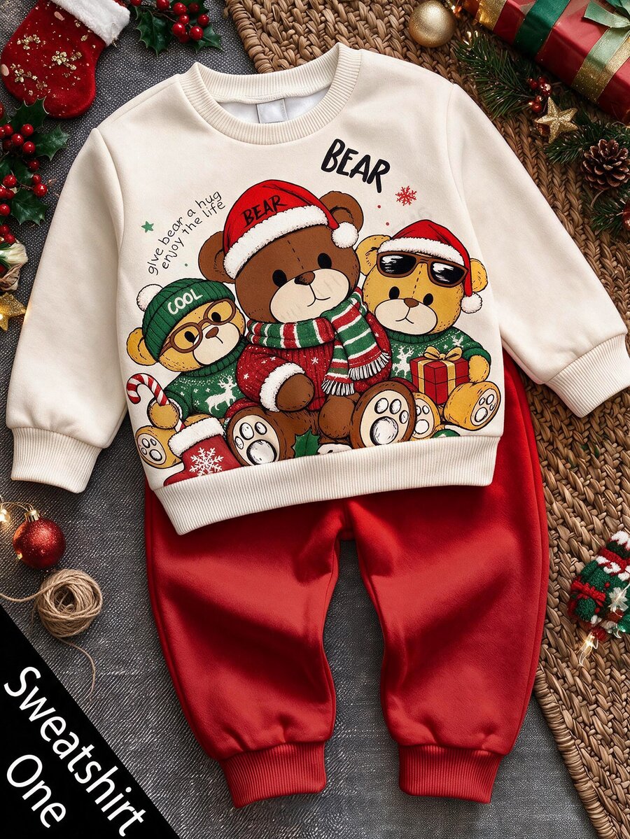 Baby Boy Crew Neck Casual Pullover Sweatshirt, Classic Christmas Pattern Print, Christmas Three Cute Bears Pattern Print, Christmas Gift Pattern Print, Suitable For Christmas - Multicolor - View 1