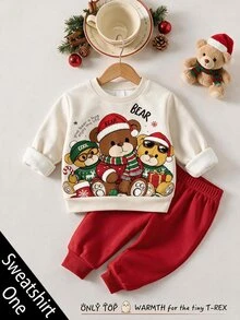 Baby Boy Crew Neck Casual Pullover Sweatshirt, Classic Christmas Pattern Print, Christmas Three Cute Bears Pattern Print, Christmas Gift Pattern Print, Suitable For Christmas - Multicolor - View 3