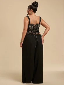 SHEIN BAE CURVE Plus Size Women Sexy Lace Tank Top For Date & Vacation - Black - View 6