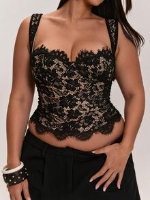 SHEIN BAE CURVE Plus Size Women Sexy Lace Tank Top For Date & Vacation - Black - View 3