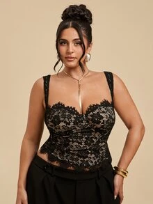 SHEIN BAE CURVE Plus Size Women Sexy Lace Tank Top For Date & Vacation - Black - View 5
