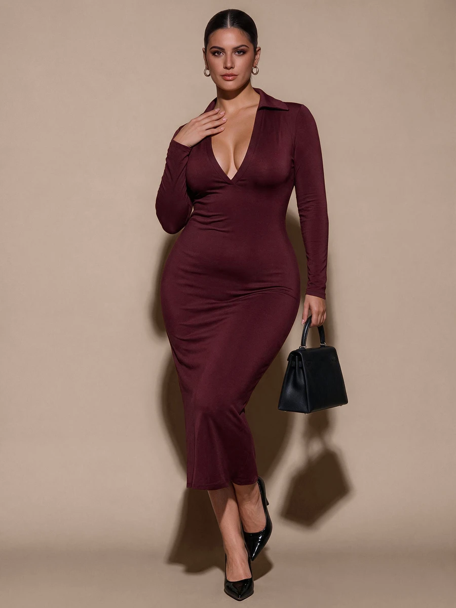 SHEIN BAE CURVE Plus Size Women's Grape Purple Polo Collar Mid-Length Dress Fall - Purple - View 1