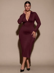 SHEIN BAE CURVE Plus Size Women's Grape Purple Polo Collar Mid-Length Dress Fall - Purple - View 7