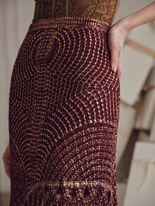 Anewsta 女款秋冬棕金色優雅奢華鏤空仿鉤編針織裙，聖誕新年之夜派對外出夜店演唱會婚禮適用 - 酒紅色 - 查看 2