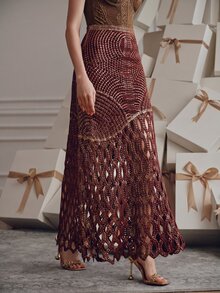 Anewsta 女款秋冬棕金色優雅奢華鏤空仿鉤編針織裙，聖誕新年之夜派對外出夜店演唱會婚禮適用 - 酒紅色 - 查看 4