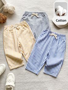 PrepCrw 3pcs Unisex Baby Clothes Baby Boy Casual Cute Versatile Striped Webbing Decor Elastic Waist Long Pants 3-Piece Set Multi-Piece Long Pants - Multicolor - View 1