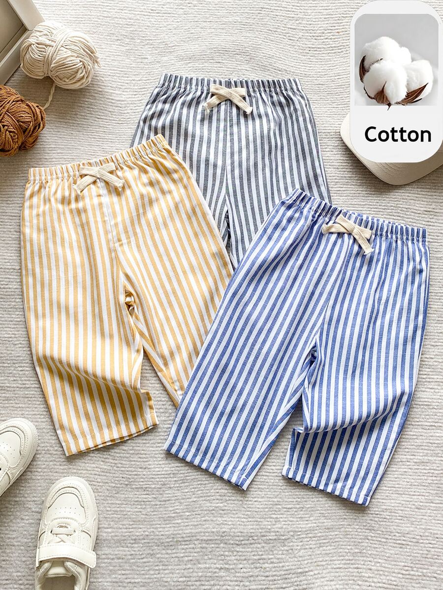 PrepCrw 3pcs Unisex Baby Clothes Baby Boy Casual Cute Versatile Striped Webbing Decor Elastic Waist Long Pants 3-Piece Set Multi-Piece Long Pants - Multicolor - View 1