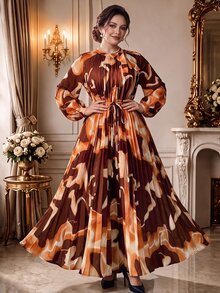 Rometta Plus Size Women's Stand Collar Pleated Waist Knot Design Casual Elegant Party Dinner Formal Dress Fall Thanksgiving Brown - Multicolor - View 3