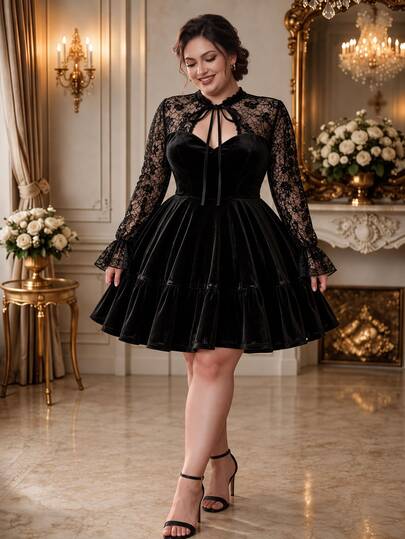 Rometta Plus Size Women's Elegant Hollow Out Sexy Lace Patchwork A-Line Waist-Cinching Slimming Velvet Dress Cocktail Party Halloween Black Autumn