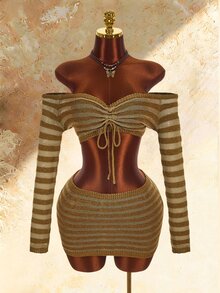 Amplova 女款條紋前綁帶露肩長袖短版針織毛衣與針織裙套裝 - 棕色 - 查看 9