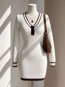 Fine & Folde Vestido de punto mini tipo suéter para mujer, estilo vintage con bloques de color Maillard, cuello en V, manga larga, ajustado, favorecedor y Body acanalado - Beis - Ver 3