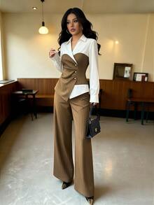 Elenzga Autumn Commute Office Wear Elegant 2 Pieces Striped Minimalist Set - Brown - View 4