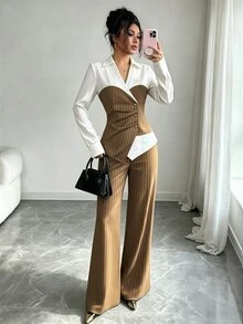 Elenzga Autumn Commute Office Wear Elegant 2 Pieces Striped Minimalist Set - Brown - View 5