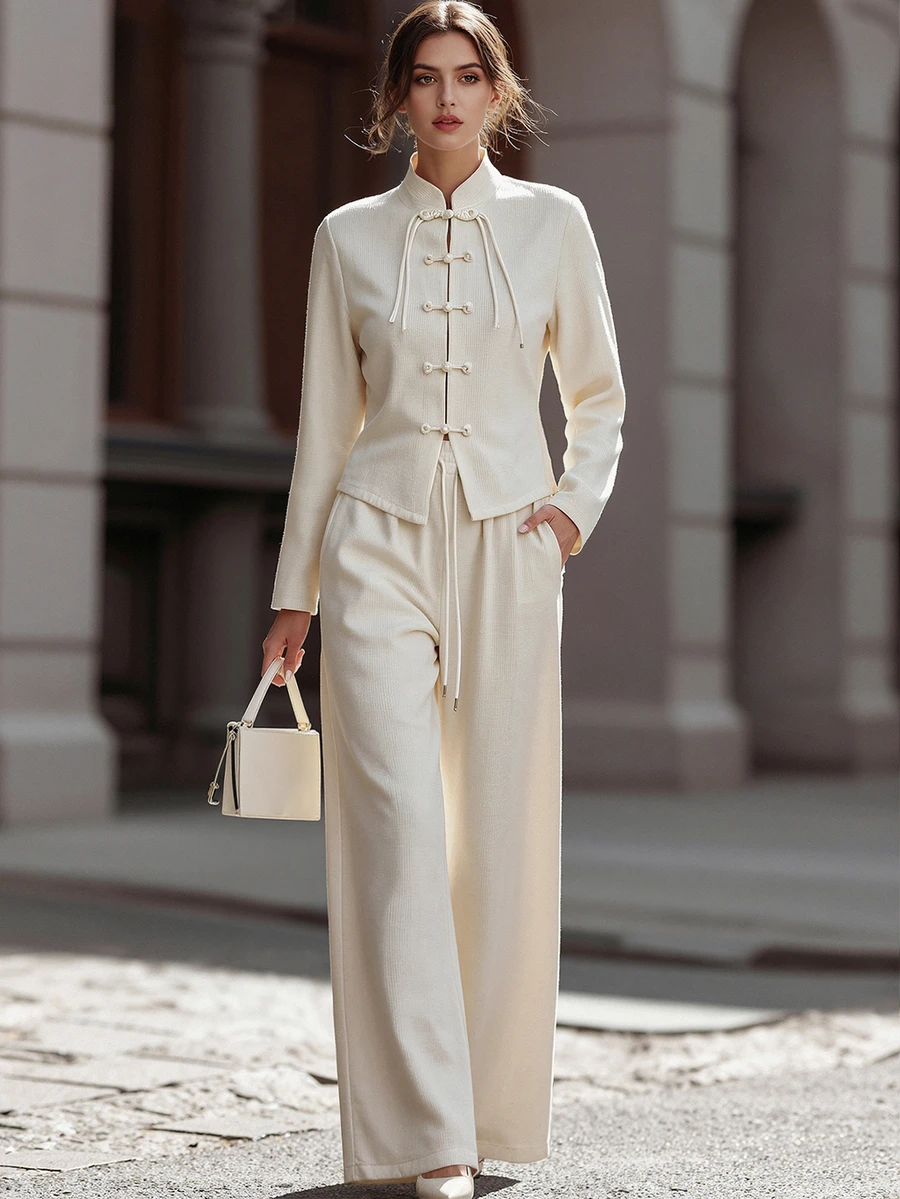 Balvessa Women's Waffle Knit 2 Pieces Set, Stand Collar Frog Button Long Sleeve Cropped Jacket With Drawstring Wide Leg Pants, New Chinese Style Outfit, Suitable For Commuting, Gathering, Dating, Streetwear, Spring And Autumn - Apricot - View 1