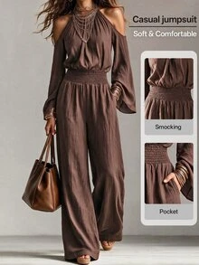 SHEIN LUNE Women's Solid Color Ruched Cold Shoulder Casual Boho Elegant Daily Wear Jumpsuit Fall/Winter Vacation Coffee Brown - Brown - View 1