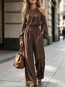 SHEIN LUNE Women's Solid Color Ruched Cold Shoulder Casual Boho Elegant Daily Wear Jumpsuit Fall/Winter Vacation Coffee Brown - Brown - View 2