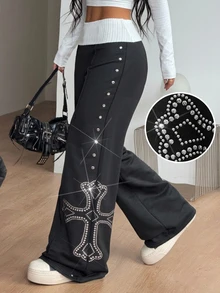 Coolane Women's Fall/Winter Streetwear Casual Going Out Dark Black White Colorblock Wide Leg Flared Diamond Pattern Sweatpants,Halloween Outfits - Black and White - View 4