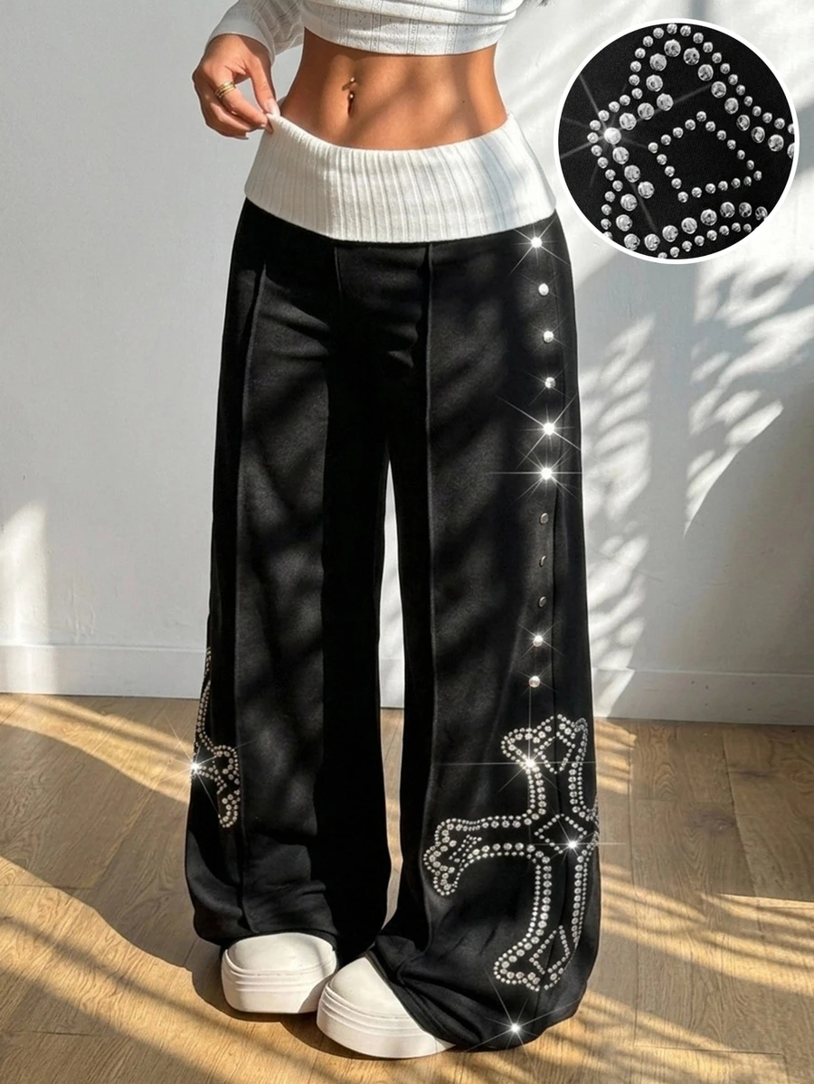 Coolane Women's Fall/Winter Streetwear Casual Going Out Dark Black White Colorblock Wide Leg Flared Diamond Pattern Sweatpants,Halloween Outfits