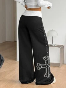 Coolane Women's Fall/Winter Streetwear Casual Going Out Dark Black White Colorblock Wide Leg Flared Diamond Pattern Sweatpants,Halloween Outfits - Black and White - View 6