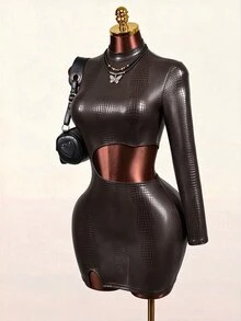 Mistrie Sexy Crocodile Print Cutout Waist Long Sleeve High Neck Club Mini Dress - Brown - View 6