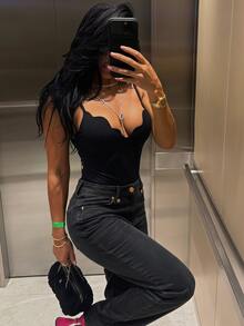 SHEIN SXY Women's Solid Color Curved Edge Sexy Camisole Camisole - Black - View 6