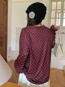 Dazy Plus Korean Style Burgundy Loose Casual 1950s Vintage Versatile Long Sleeve T-Shirt Holiday Going Out Fall - Brown - View 2