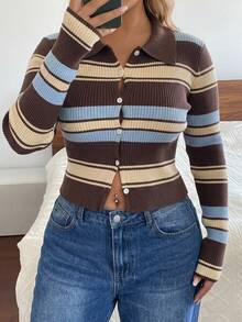 Livesso Contrast Color Striped Fitted Long Sleeve Casual Vacation Elegant Knit Cardigan Fall - Brown - View 4
