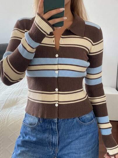 Livesso Cardigan de punto ajustado de manga larga con rayas de colores contrastantes, casual, elegante, para vacaciones
