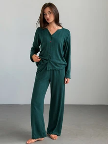 DAZY Women's Single-Breasted Long Sleeve Top And Long Pants Pajama Set Fall - Blue - View 4