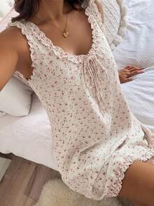 Livesso 荷葉邊飾無袖背心連身裙 甜美風碎花短款女式夏季睡裙家居睡衣 白色與粉色 - 白色 - 查看 4