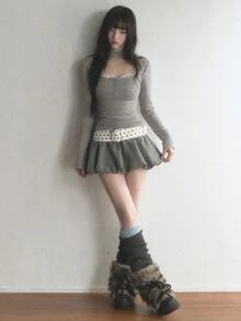 FRIFUL Women's Lace Patchwork Casual Daily Long Sleeve T-Shirt Everyday Date Grey Fall - Grey - View 1