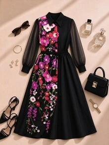 Formidée Plus Size Minimalist Elegant Embroidered Mesh Sleeve Tie Waist Women's Dress Fall - Hot Pink - View 6