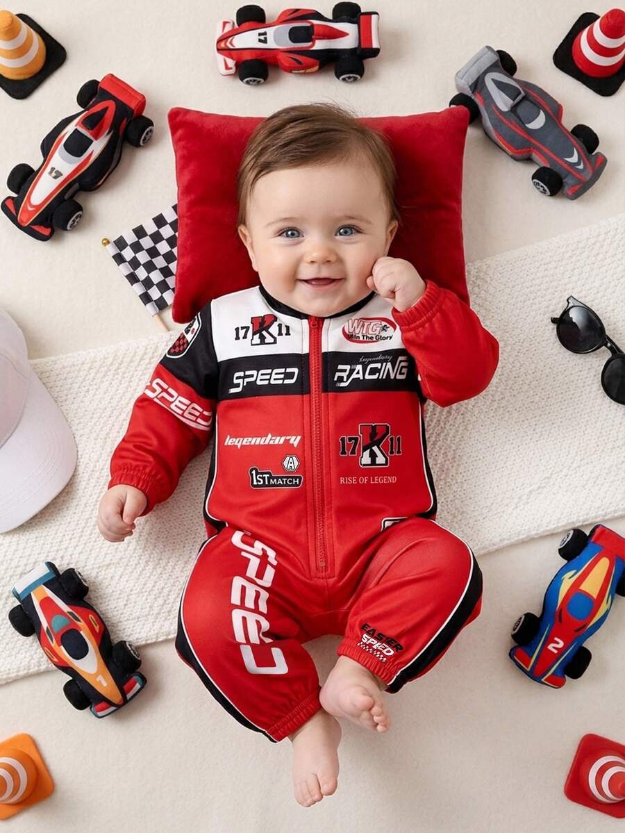 SHEIN Newborn Baby Street Style Cute Graphic Colorblock Motorcycle Letter Print Pattern Fall Romper Photoshoot Vacation Red - Red - View 1