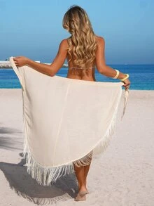 SHEIN Swim Women's Solid Color Tassel Design Slit Casual Vacation Cover-Up Skirt - Apricot - View 4
