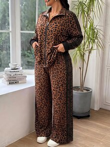 SHEIN EZwear Bộ áo nỉ tay dài họa tiết da báo và quần phối màu sọc cho mùa thu, thời trang size lớn - Nhiều màu - Xem 11