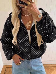 SHEIN EZwear 女款波點圖案長袖拉鍊連帽外套 日常白天外出公路旅行旅行用 黑色波點 秋季休閒 - 黑色 - 查看 1