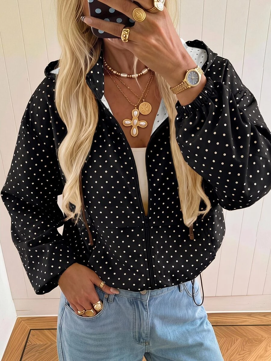 SHEIN EZwear 女款波點圖案長袖拉鍊連帽外套 日常白天外出公路旅行旅行用 黑色波點 秋季休閒 - 黑色 - 查看 1