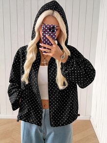 SHEIN EZwear 女款波點圖案長袖拉鍊連帽外套 日常白天外出公路旅行旅行用 黑色波點 秋季休閒 - 黑色 - 查看 6