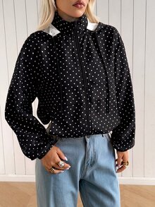 SHEIN EZwear 女款波點圖案長袖拉鍊連帽外套 日常白天外出公路旅行旅行用 黑色波點 秋季休閒 - 黑色 - 查看 3
