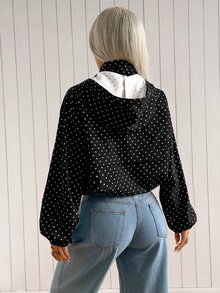 SHEIN EZwear 女款波點圖案長袖拉鍊連帽外套 日常白天外出公路旅行旅行用 黑色波點 秋季休閒 - 黑色 - 查看 2