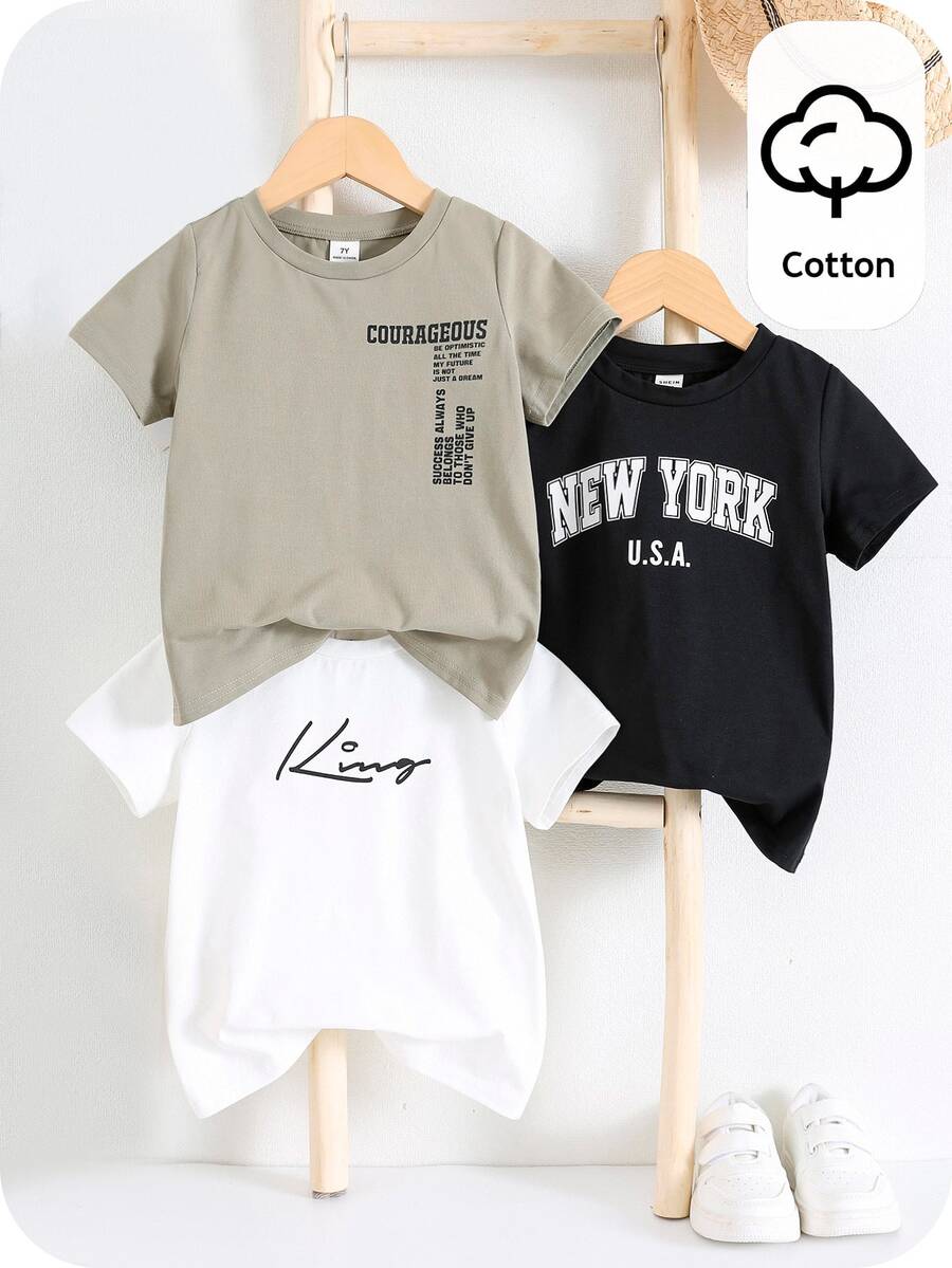 SHEIN Kids 3pcs Young Boys Casual Letter Print Round Neck Pullover Knit T-Shirt Set, 3 Styles, Suitable For School And Outings In Spring And Summer