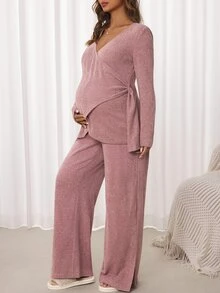 Slowluna Maternity Solid Color Wrap Top And Adjustable Waist Long Pants Nursing 2 Pieces Set Fall - Pink - View 5