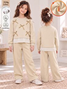 SHEIN 女童 2 件套套裝 蝴蝶結運動上衣＋寬腿褲套裝 幼兒冬季服飾 金色米色黃色運動衫 聖誕禮物 - 杏色 - 查看 5