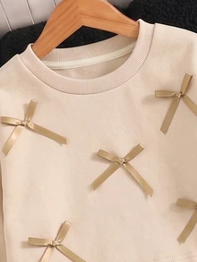 SHEIN 女童 2 件套套裝 蝴蝶結運動上衣＋寬腿褲套裝 幼兒冬季服飾 金色米色黃色運動衫 聖誕禮物 - 杏色 - 查看 8