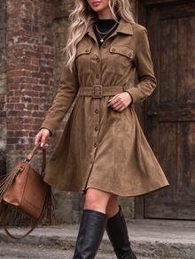 SHEIN A Stylish And Casual Long-Sleeved Suede Shirt Dress With A Belt, Suitable For Daily Commuting And Streetwear In Fall And . Office Brown - Brown - View 1