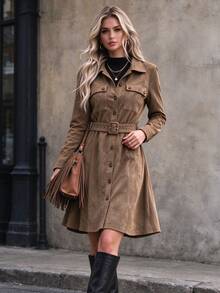 SHEIN A Stylish And Casual Long-Sleeved Suede Shirt Dress With A Belt, Suitable For Daily Commuting And Streetwear In Fall And . Office Brown - Brown - View 5