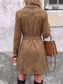 SHEIN A Stylish And Casual Long-Sleeved Suede Shirt Dress With A Belt, Suitable For Daily Commuting And Streetwear In Fall And . Office Brown - Brown - View 2