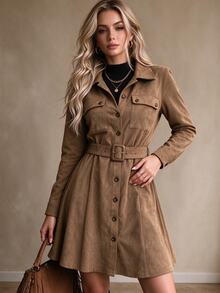 SHEIN A Stylish And Casual Long-Sleeved Suede Shirt Dress With A Belt, Suitable For Daily Commuting And Streetwear In Fall And . Office Brown - Brown - View 6